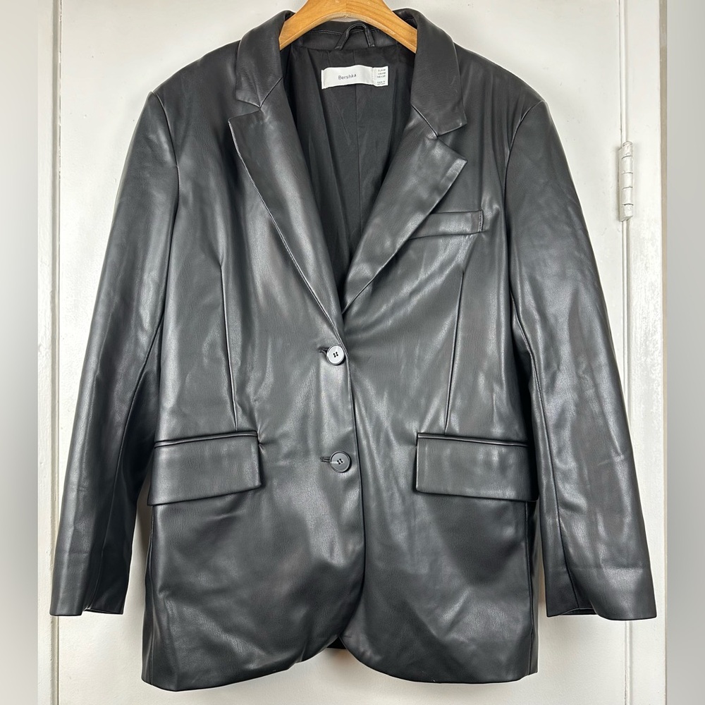 Bershka Faux Leather Oversized Blazer Jacket Black Women’s Size M Medium Sleek